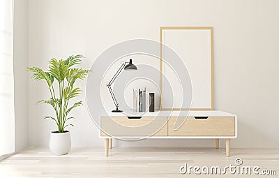 3d rendering white Poster frame mockup on the sideboard ,white loft wall ,wooden floor. Stock Photo