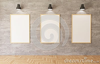 3d rendering White posters and frames hanging on the concrete wall background in the room,lights,wooden floor Stock Photo