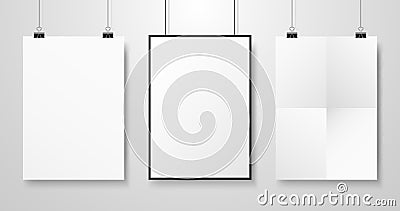 White posters mockup. Three different paper sheets with shadow. Photo blanks collection hanging on wall. A4 realistic Vector Illustration