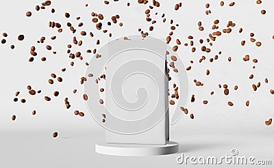 White pouch bag falling coffee beans podium 3D rendering. Merchandise discount packaging logo shop design promo sale Stock Photo