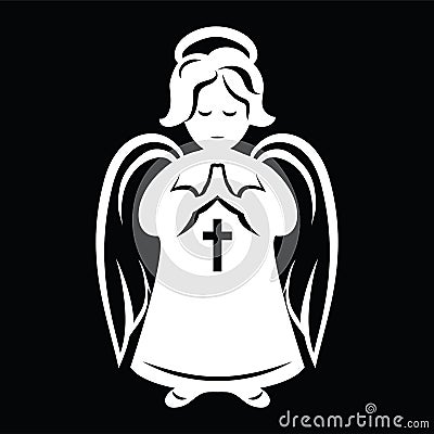 White praying angel on black background. Simple drawing. Vector Illustration