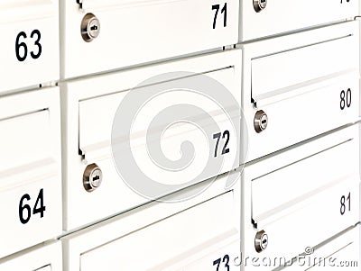 White private mailbox, letterbox detail, object closeup. Simple locked mail box, letter box up close. Modern apartment condo box Stock Photo