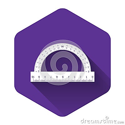 White Protractor grid for measuring degrees icon isolated with long shadow. Tilt angle meter. Measuring tool. Geometric Vector Illustration