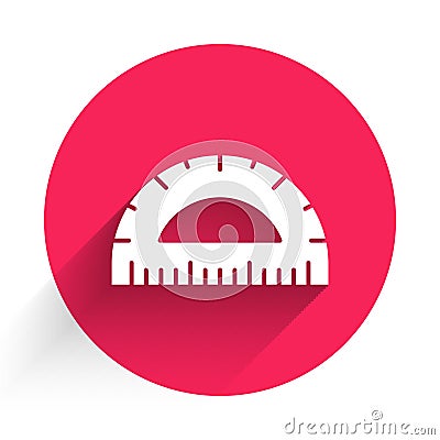 White Protractor grid for measuring degrees icon isolated with long shadow. Tilt angle meter. Measuring tool. Geometric Vector Illustration