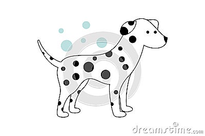 White puppy with black spots. Blue bubbles on the background. Vector Illustration