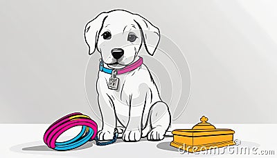 A white puppy with a pink collar sits next to a toy and a box Stock Photo