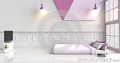 White-purple bedroom decorated with purple bed Stock Photo