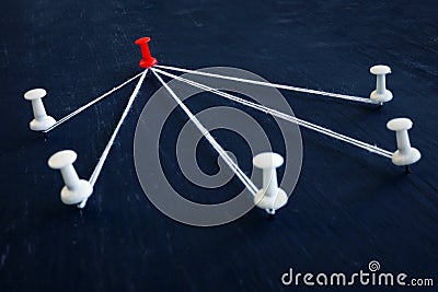 White push pins and red one connected by thread. Leadership, management and delegating Stock Photo