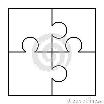 4 white puzzles pieces arranged in a square. Jigsaw Puzzle template ready for print. Cutting guidelines on white Vector Illustration