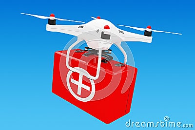 White Quadrocopter Drone with First Aid Kit. 3d Rendering Stock Photo