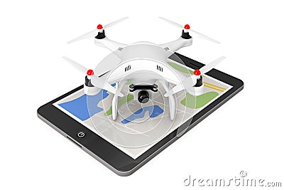 White Quadrocopter drone with Photo Camera over Tablet PC. 3d Re Stock Photo