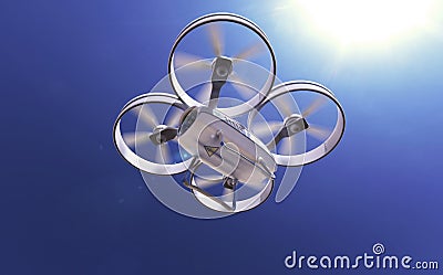 White quadrocopter drone in the sunny sky, high quality render Stock Photo