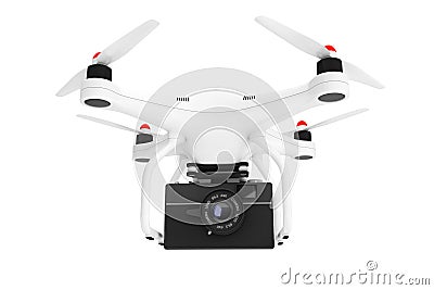 White Quadrocopter with Old Vintage Photo Camera. 3d Rendering Stock Photo