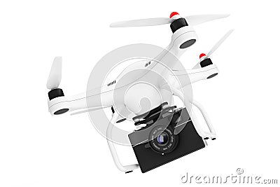White Quadrocopter with Old Vintage Photo Camera. 3d Rendering Stock Photo