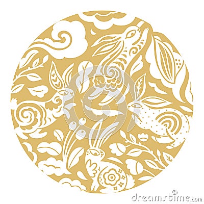 White rabbit characters design with beautiful blossom flowers in the golden circle. Vector illustration Vector Illustration