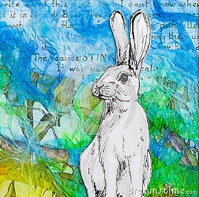 White rabbit drawing on colourful blue green background. Stock Photo