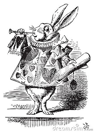 White Rabbit, dressed as a herald, blowing trumpet - Alice`s Adventures in Wonderland original vintage engraving Vector Illustration