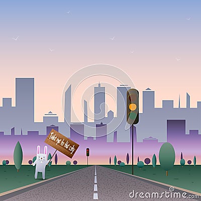 White rabbit hitchhiking. Rabbit on the road to the city with a table and the text take me to the city Vector Illustration