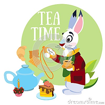 White Rabbit hurrying to the mad tea party. Illustration to the fairy tale Alice`s Adventures in Wonderland. Template Vector Illustration