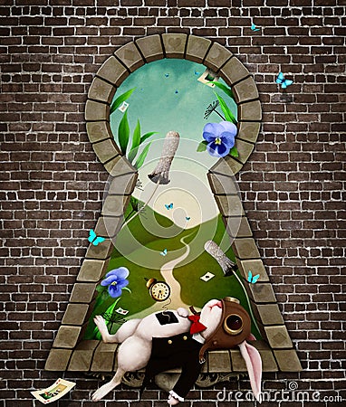 White Rabbit in Keyhole Stock Photo