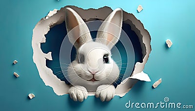 A white rabbit with large ears peeks through a torn blue paper background, creating a playful and curious scene Generative AI Stock Photo