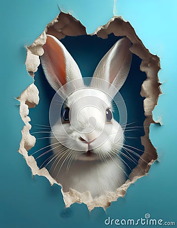A white rabbit with large ears peeks through a torn blue paper background, creating a playful and curious scene Generative AI Stock Photo