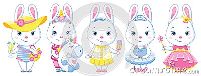 White rabbit paper doll characters set. Cartoon vector illustration Vector Illustration