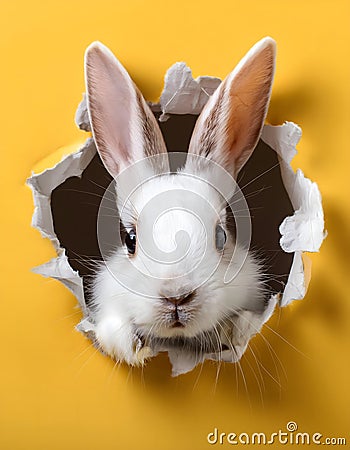 A white rabbit peeks through a torn yellow paper background, creating a playful and curious scene Generative AI Stock Photo
