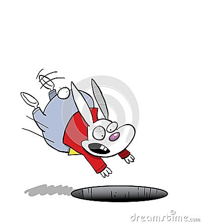 White rabbit jumping into a hole Stock Photo