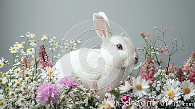 a white rabbit seated in the lower right corner beside spring flowers against a gray background, leaving ample empty Stock Photo
