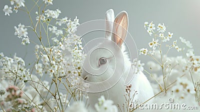 a white rabbit seated in the lower right corner beside spring flowers against a gray background, leaving ample empty Stock Photo