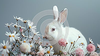 a white rabbit seated in the lower right corner beside spring flowers against a gray background, leaving ample empty Stock Photo