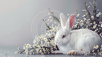 a white rabbit seated in the lower right corner beside spring flowers against a gray background, leaving ample empty Stock Photo