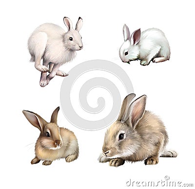 White Rabbit sitting, White hare running away. Gray rabbit. Isolated on white background. Stock Photo