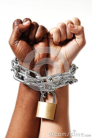 White race hand chain locked together with black ethnicity woman multiracial understanding Stock Photo