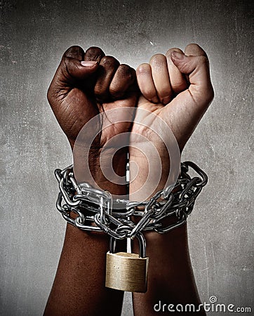 White race hand chain locked together with black ethnicity woman multiracial understanding Stock Photo