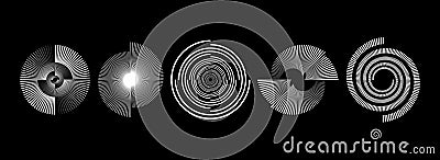 White radial spiral pattern set. Circular rotating speed line form collection. Spinning circle sound wave concept Vector Illustration