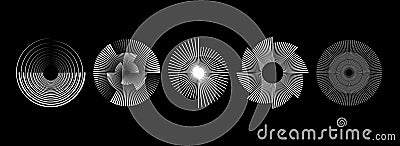 White radial spiral pattern set. Circular spinning speed line form collection. Rotating circle sound wave concept Vector Illustration
