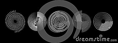 White radial spiral pattern set. Circular spinning speed line form collection. Rotating circle sound wave concept Vector Illustration