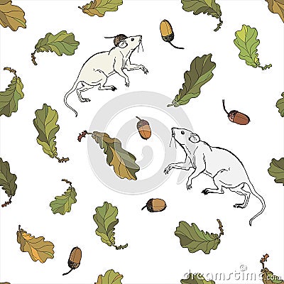 White rat , set of spikelets, oak leaves and acorns. Vector Illustration