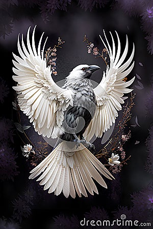 White raven with gothic floral background Stock Photo