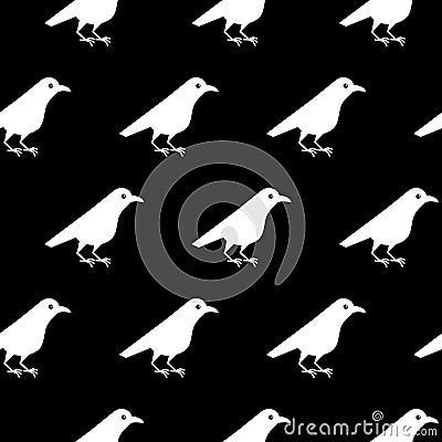 White raven seamless pattern. Crow bird isolated on a black background Cartoon Illustration