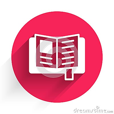 White Reading book icon isolated with long shadow. Red circle button. Vector Vector Illustration