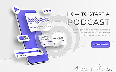 White realistic 3d smartphone. Webinar, online training, radio show or audio blog podcast concept. Mobile app Vector Illustration