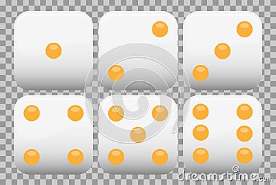 White realistic dice collection with yellow dots set of 6 vector available Vector Illustration