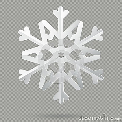 White realistic folded paper Christmas snowflake with shadow isolated on transparent background. EPS 10 Vector Illustration