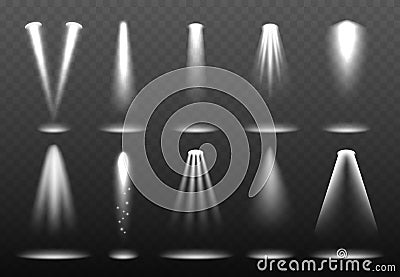 White realistic lights. Shining spotlight projection bright lightning stage vector environment visualization Vector Illustration