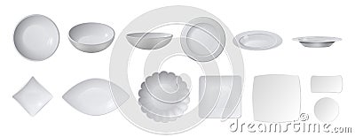 White realistic plates. Top view plate collection, isolated ceramic crockery. Kitchen accessories, cafe restaurant Vector Illustration