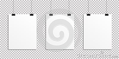 White realistic posters hanging on transparent background with shadows. Mock up empty blank paper Vector Illustration