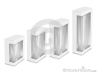 White rectangle paper box with clear plastic window mockup. Transparent front empty paperboard container mock-up Vector Illustration
